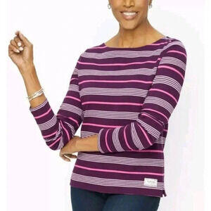 Authentic Talbots 100% Cotton Sweater Petite LP Multicolor Striped Long Sleeve